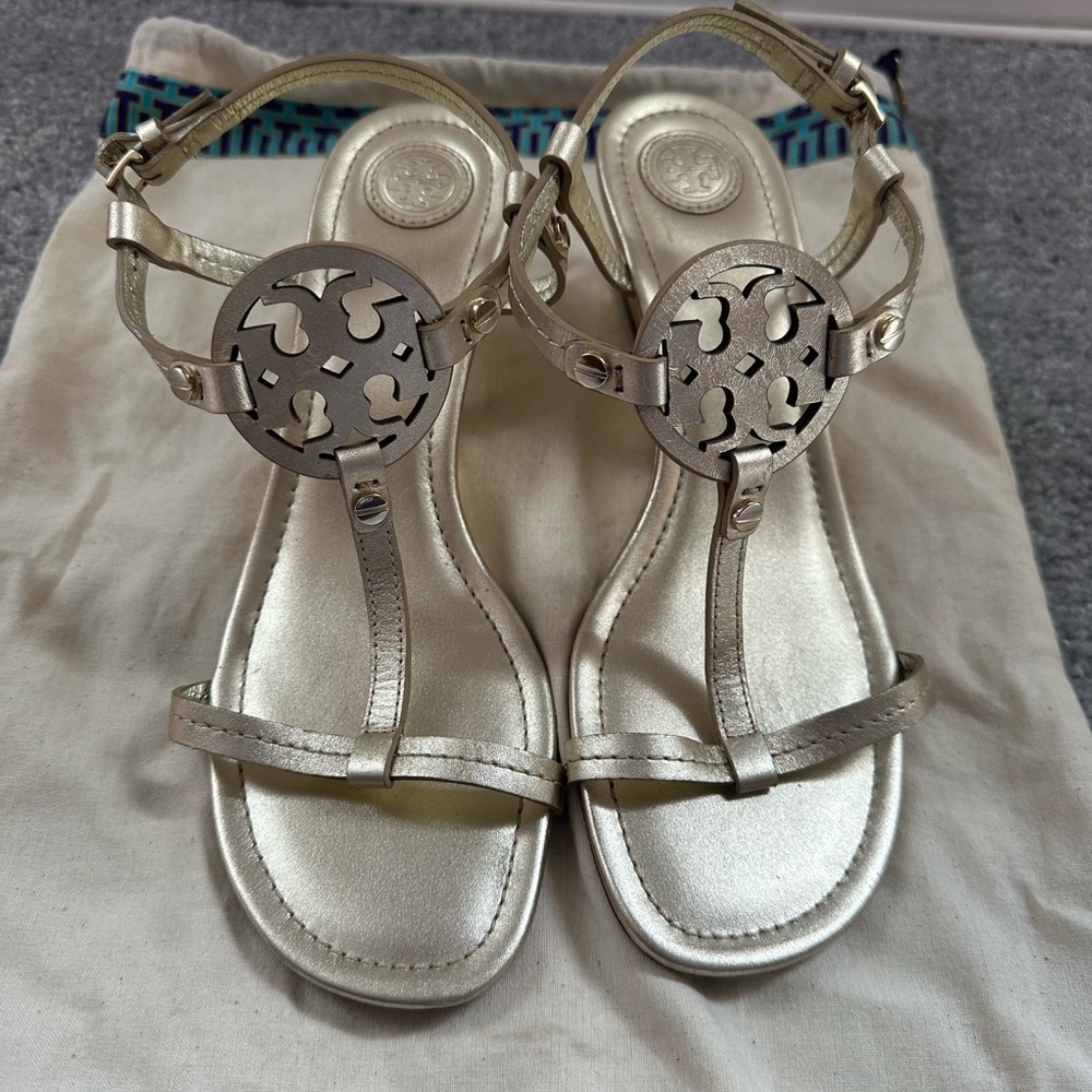 Tory Burch gold Miller wedge sandals